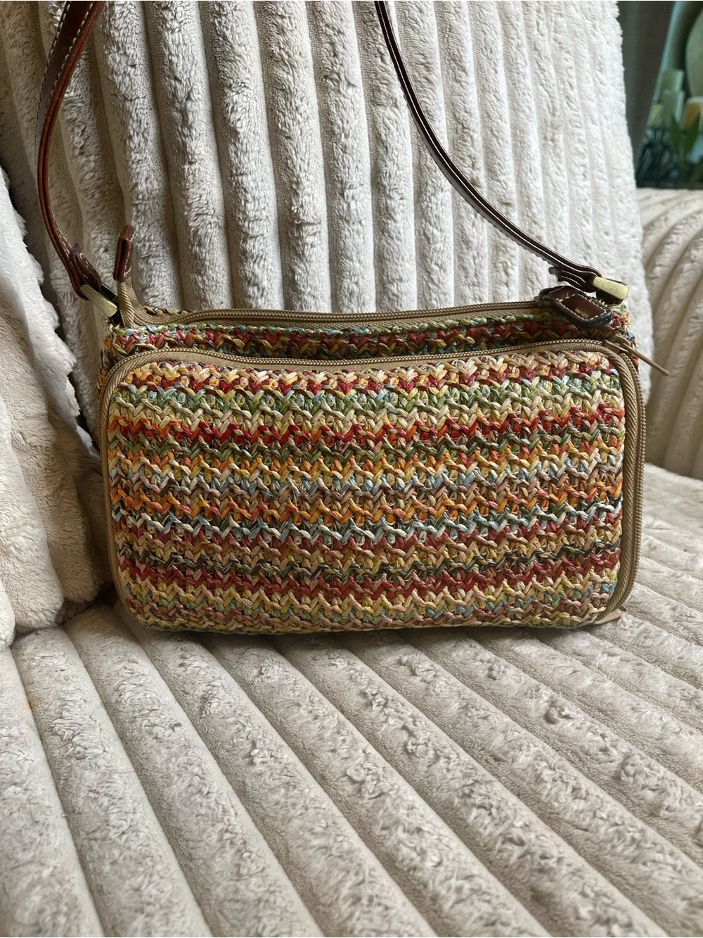 Rosetti Multicolor Woven Straw Crossbody Bag Brown Leather Trim Purse - Picture 5 of 8